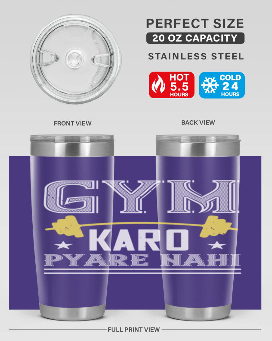 gym karo pare nahi 9# Tumbler in stainless steel with a drink-thru lid, showcasing its sleek design and double wall insulation.