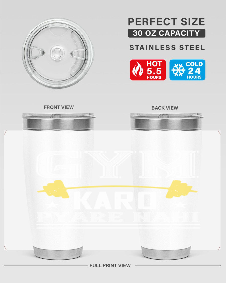 gym karo pare nahi 9# Tumbler in stainless steel with a drink-thru lid, showcasing its sleek design and double wall insulation.