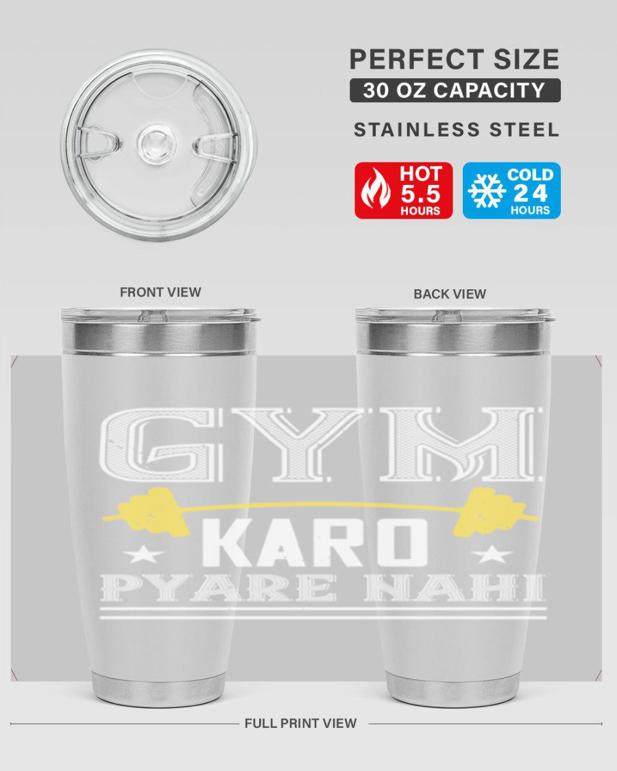 gym karo pare nahi 9# Tumbler in stainless steel with a drink-thru lid, showcasing its sleek design and double wall insulation.