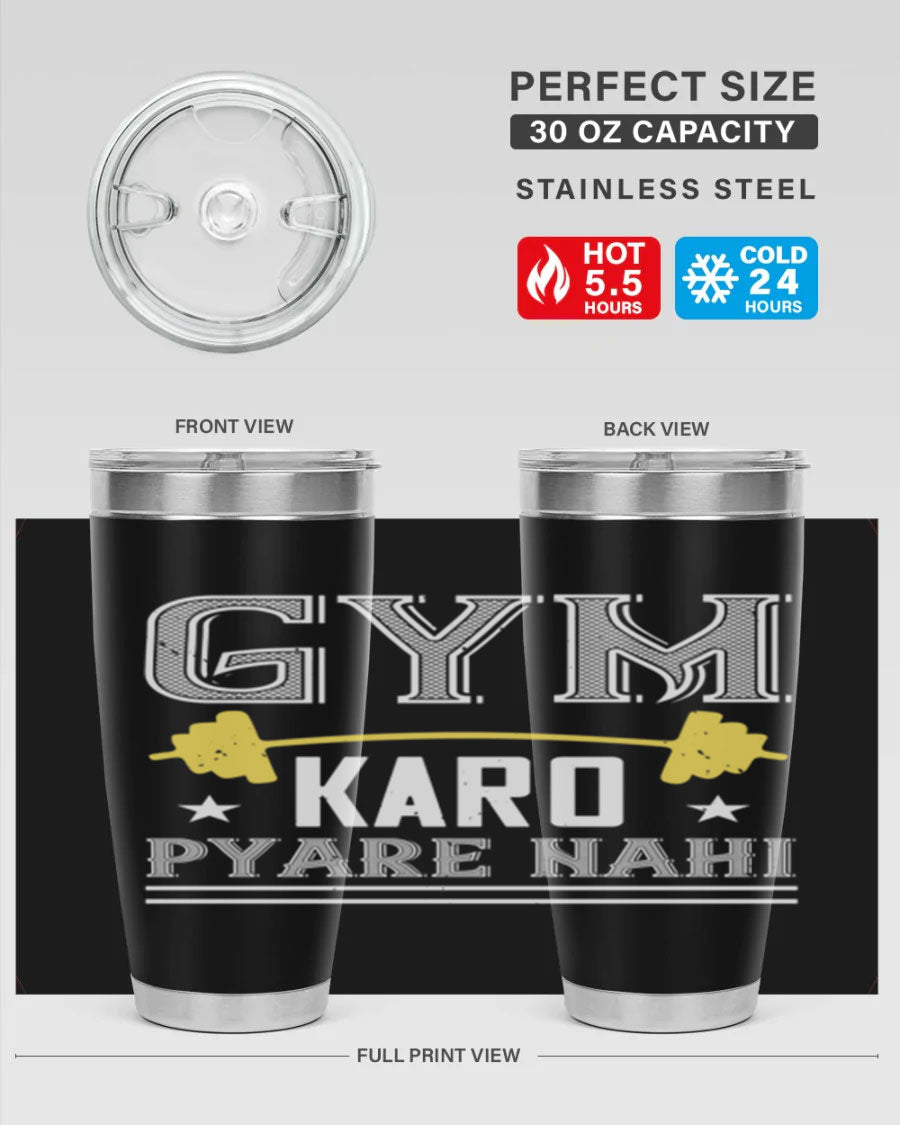 gym karo pare nahi 9# Tumbler in stainless steel with a drink-thru lid, showcasing its sleek design and double wall insulation.
