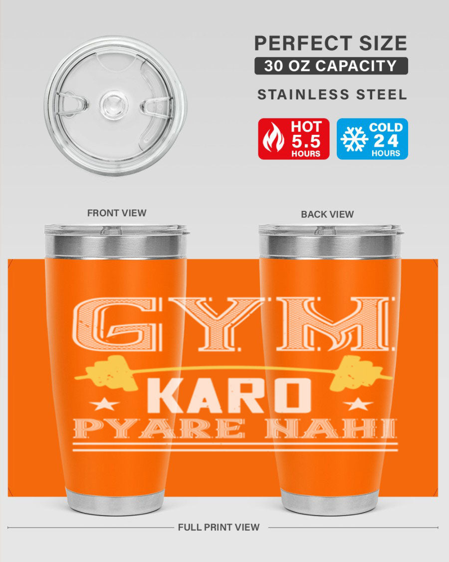 gym karo pare nahi 9# Tumbler in stainless steel with a drink-thru lid, showcasing its sleek design and double wall insulation.