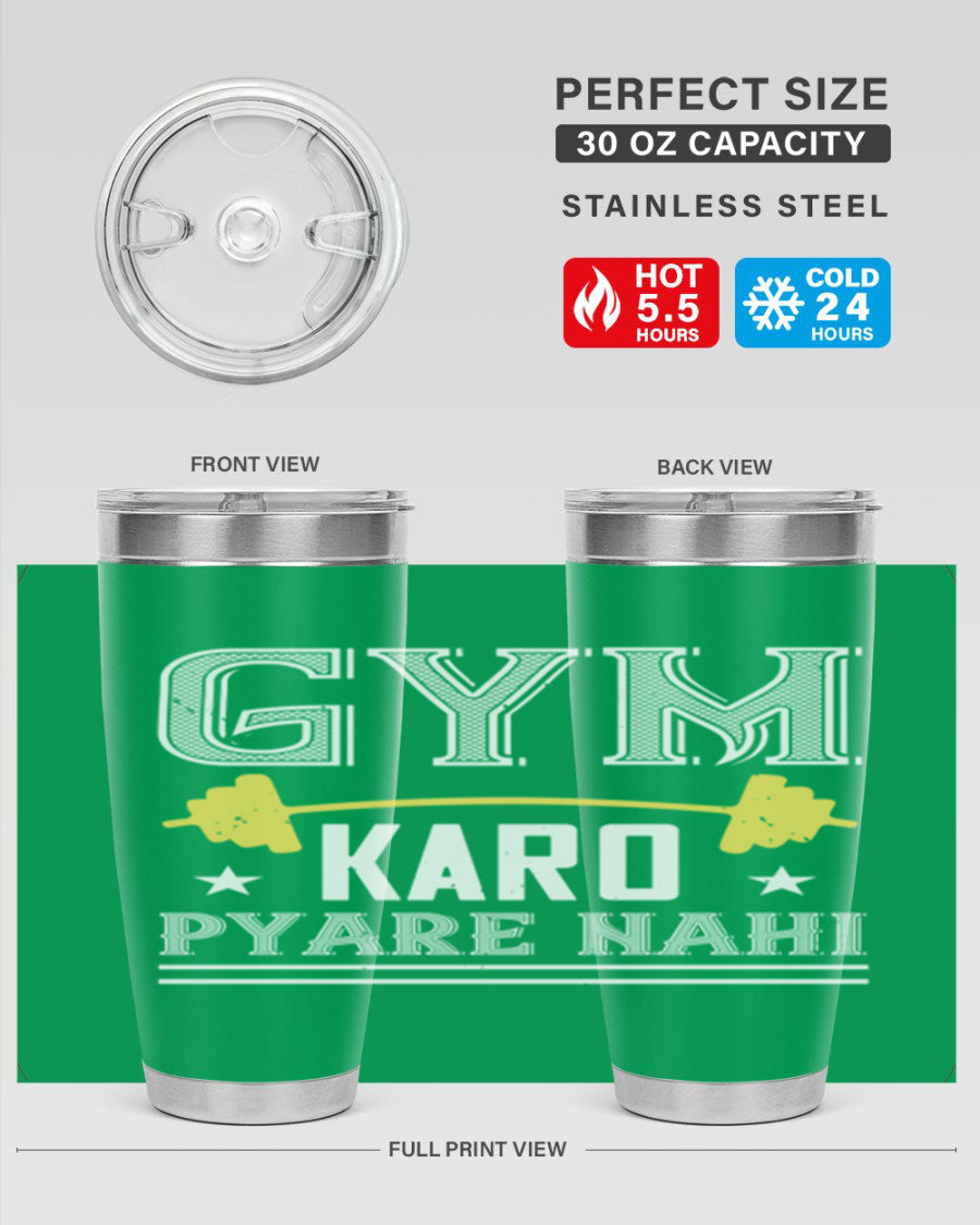 gym karo pare nahi 9# Tumbler in stainless steel with a drink-thru lid, showcasing its sleek design and double wall insulation.