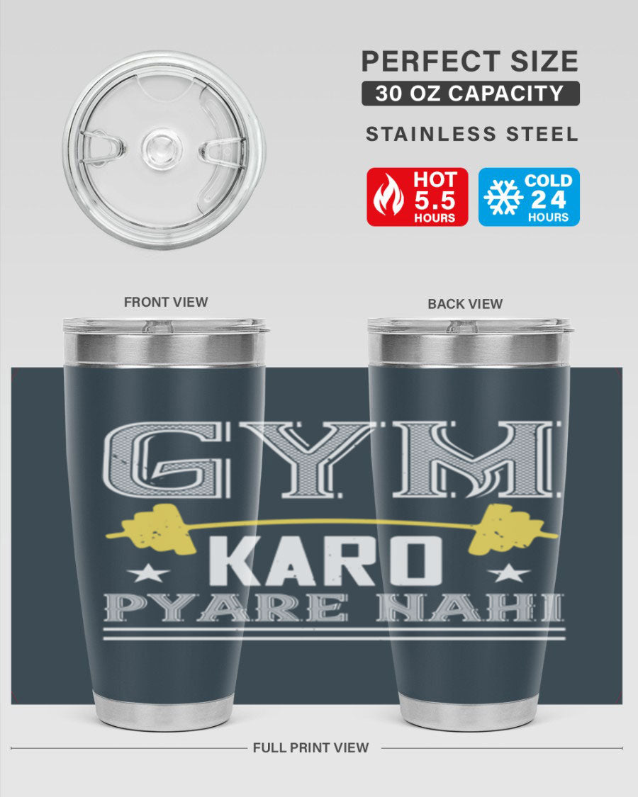 gym karo pare nahi 9# Tumbler in stainless steel with a drink-thru lid, showcasing its sleek design and double wall insulation.