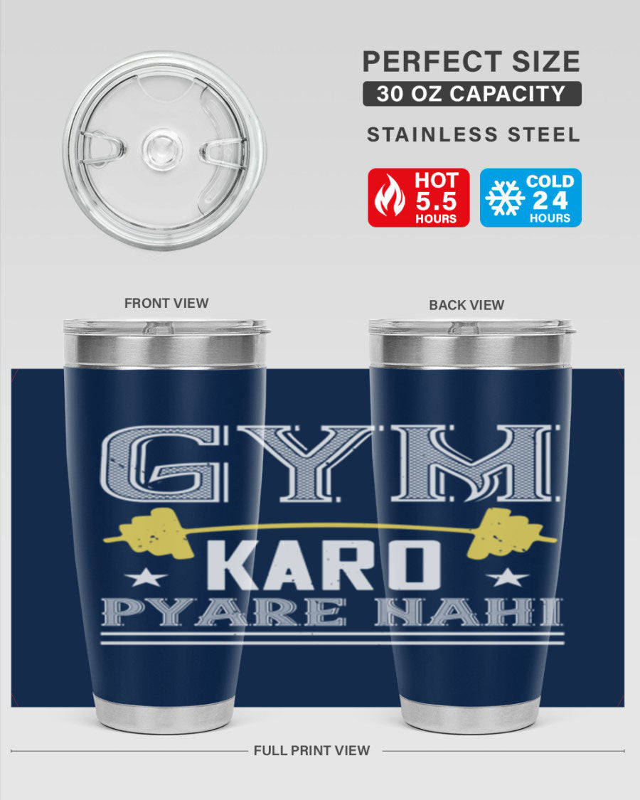 gym karo pare nahi 9# Tumbler in stainless steel with a drink-thru lid, showcasing its sleek design and double wall insulation.