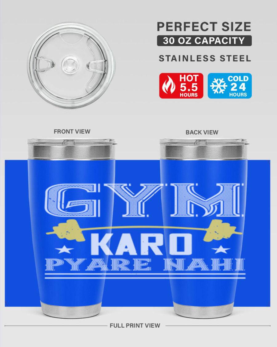 gym karo pare nahi 9# Tumbler in stainless steel with a drink-thru lid, showcasing its sleek design and double wall insulation.