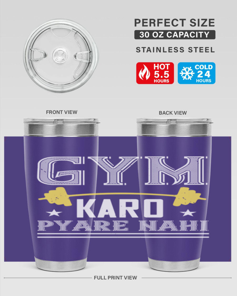 gym karo pare nahi 9# Tumbler in stainless steel with a drink-thru lid, showcasing its sleek design and double wall insulation.