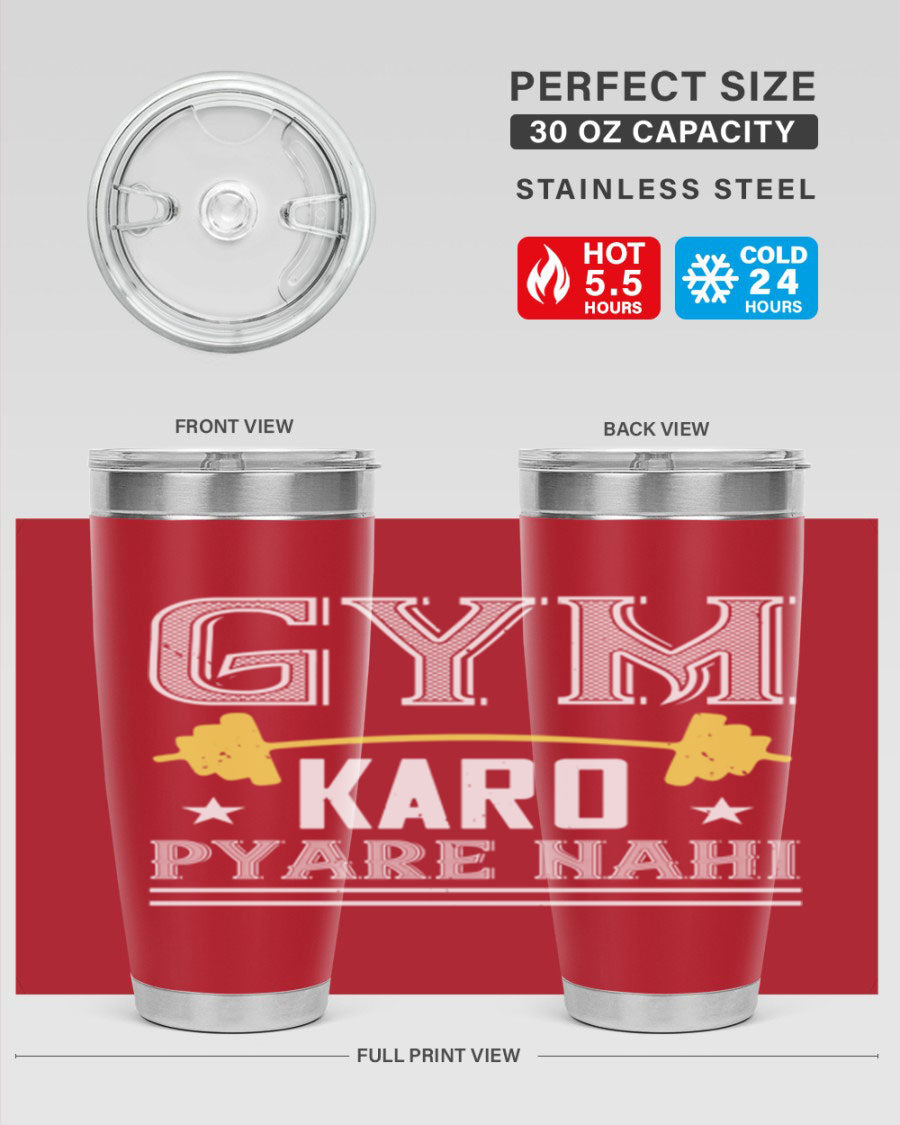 gym karo pare nahi 9# Tumbler in stainless steel with a drink-thru lid, showcasing its sleek design and double wall insulation.