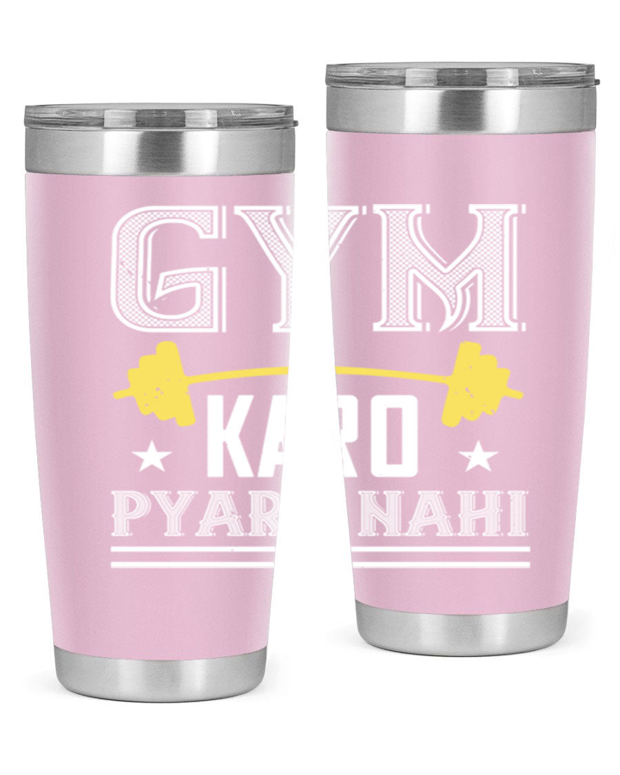 gym karo pare nahi 9# Tumbler in stainless steel with a drink-thru lid, showcasing its sleek design and double wall insulation.