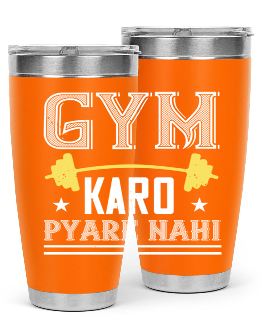gym karo pare nahi 9# Tumbler in stainless steel with a drink-thru lid, showcasing its sleek design and double wall insulation.
