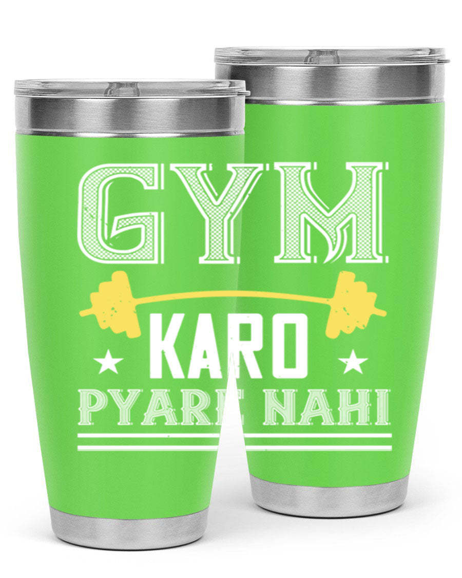 gym karo pare nahi 9# Tumbler in stainless steel with a drink-thru lid, showcasing its sleek design and double wall insulation.