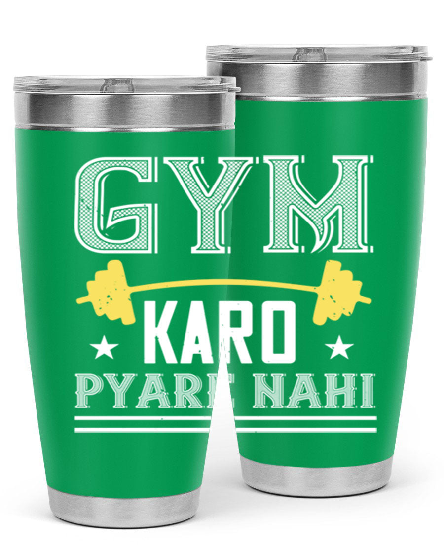 gym karo pare nahi 9# Tumbler in stainless steel with a drink-thru lid, showcasing its sleek design and double wall insulation.