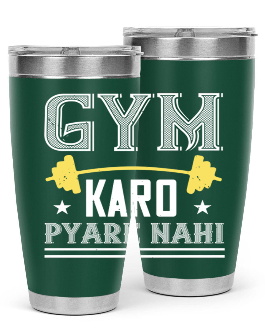 gym karo pare nahi 9# Tumbler in stainless steel with a drink-thru lid, showcasing its sleek design and double wall insulation.