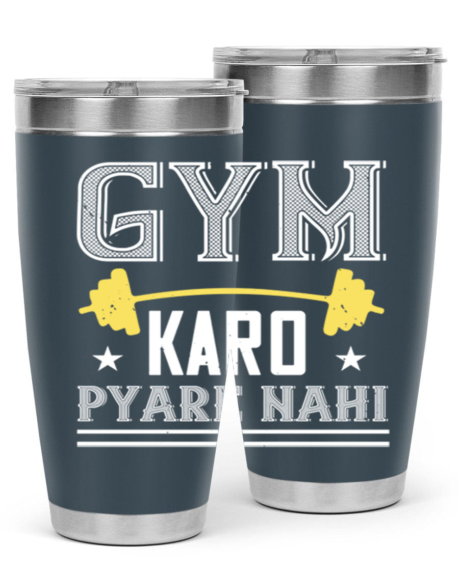 gym karo pare nahi 9# Tumbler in stainless steel with a drink-thru lid, showcasing its sleek design and double wall insulation.