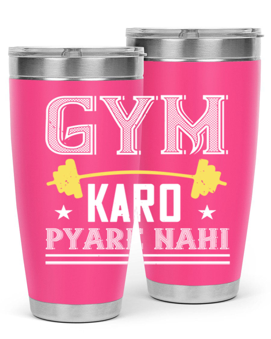 gym karo pare nahi 9# Tumbler in stainless steel with a drink-thru lid, showcasing its sleek design and double wall insulation.
