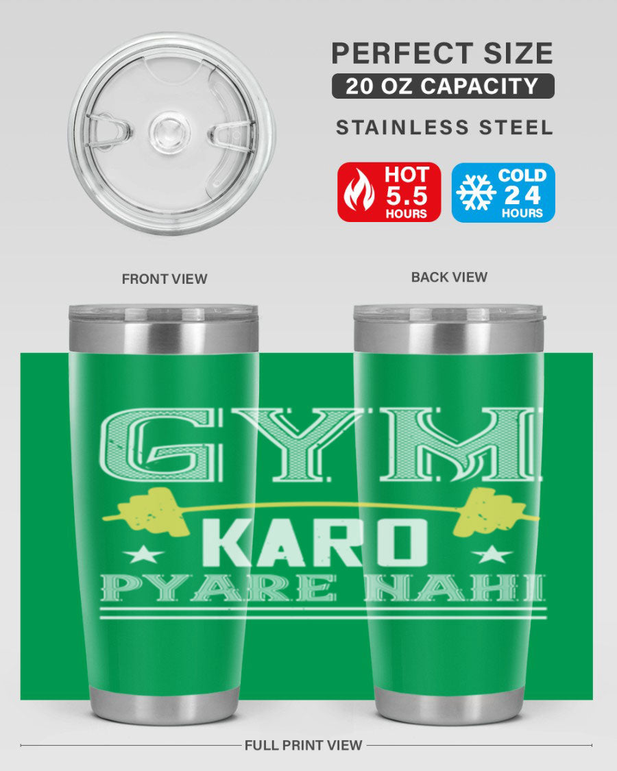 gym karo pare nahi 9# Tumbler in stainless steel with a drink-thru lid, showcasing its sleek design and double wall insulation.