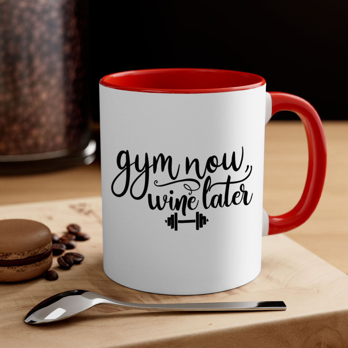 Gym Now Wine Later Mug in five vibrant colors with a glossy finish and C-shaped handle.