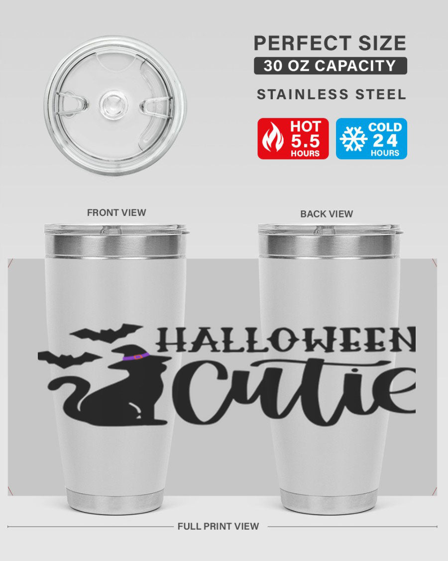 Halloween Cutie 75# Tumbler featuring a festive design, double wall vacuum stainless steel, and a drink-thru lid.