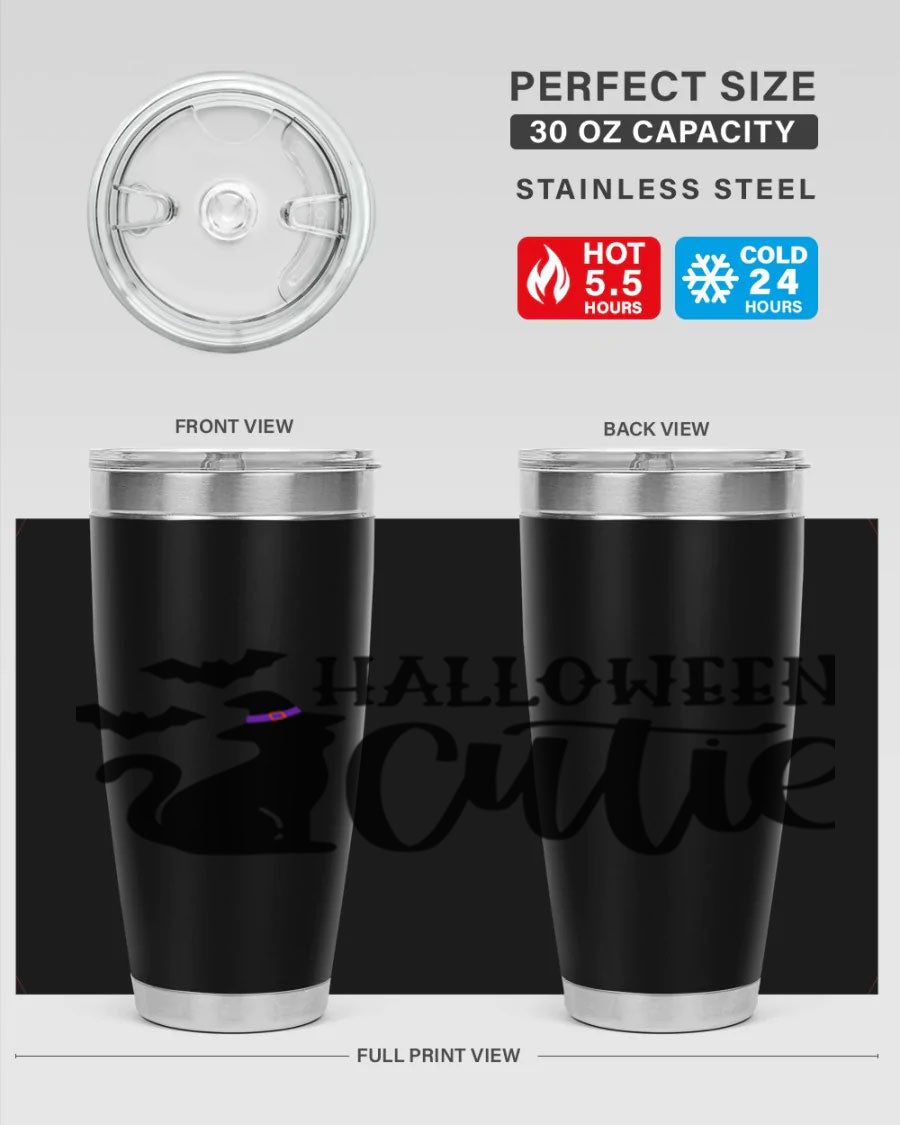 Halloween Cutie 75# Tumbler featuring a festive design, double wall vacuum stainless steel, and a drink-thru lid.