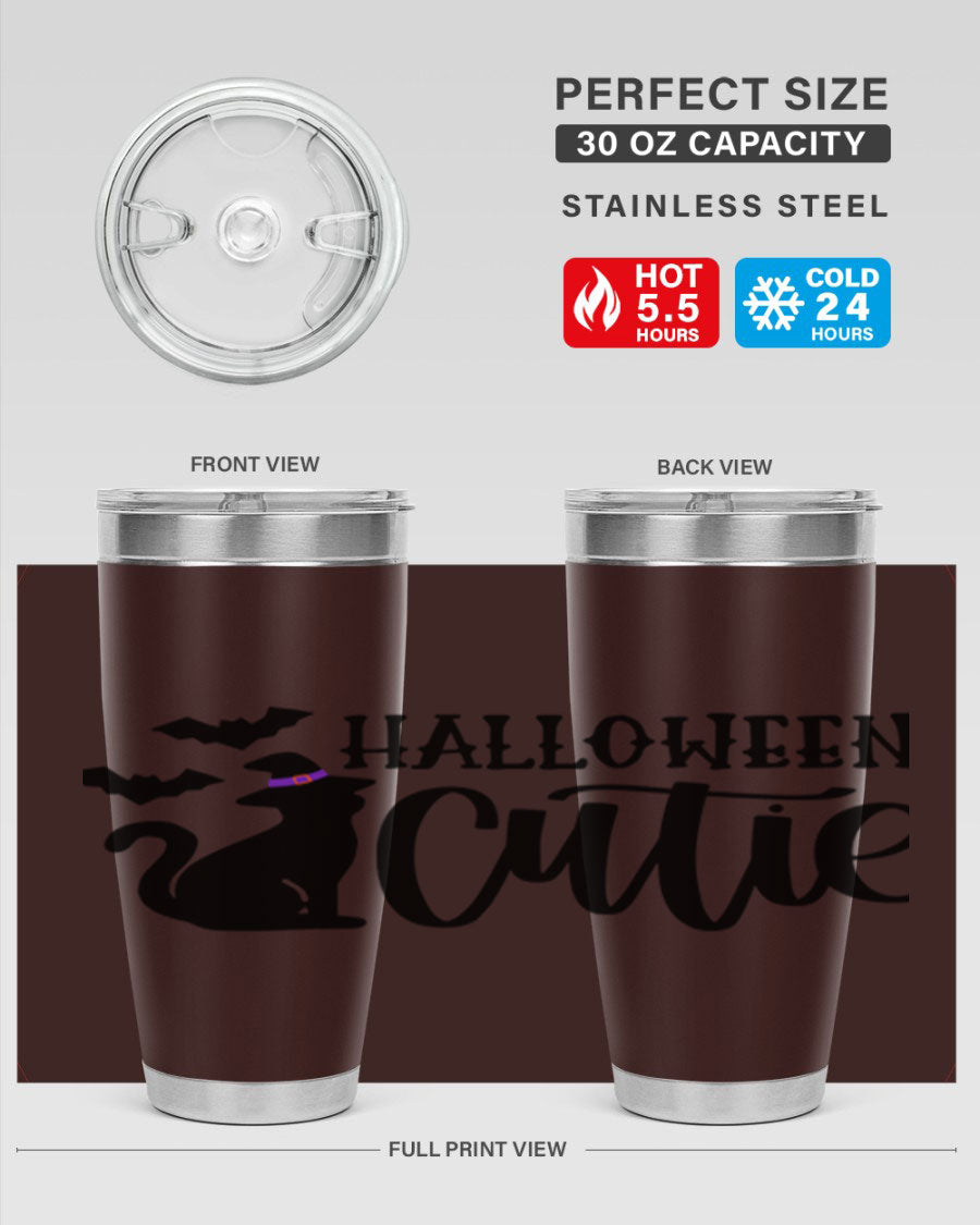 Halloween Cutie 75# Tumbler featuring a festive design, double wall vacuum stainless steel, and a drink-thru lid.