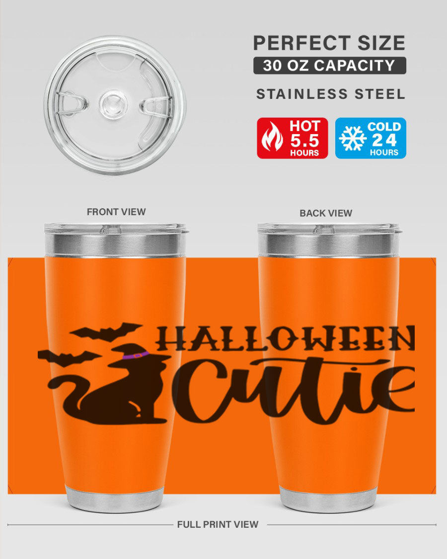 Halloween Cutie 75# Tumbler featuring a festive design, double wall vacuum stainless steel, and a drink-thru lid.