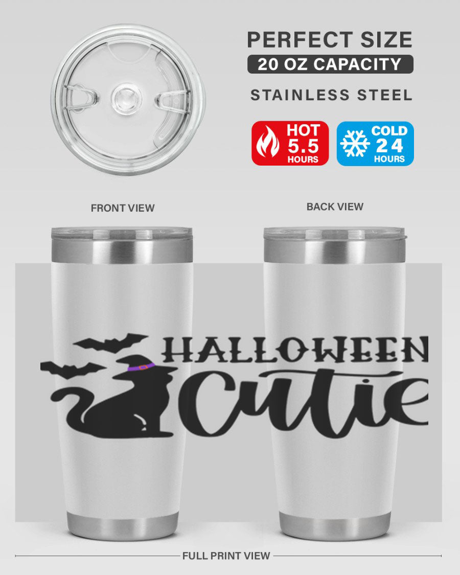 Halloween Cutie 75# Tumbler featuring a festive design, double wall vacuum stainless steel, and a drink-thru lid.