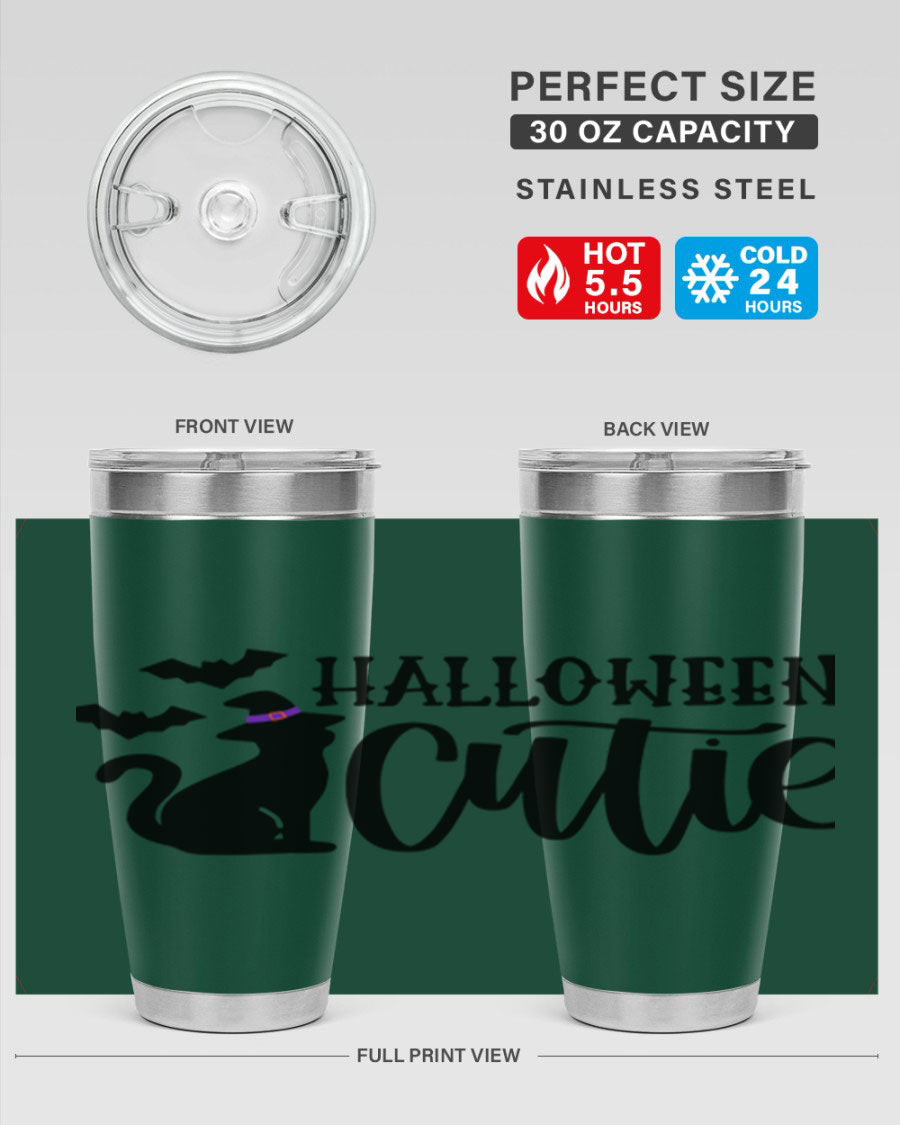 Halloween Cutie 75# Tumbler featuring a festive design, double wall vacuum stainless steel, and a drink-thru lid.