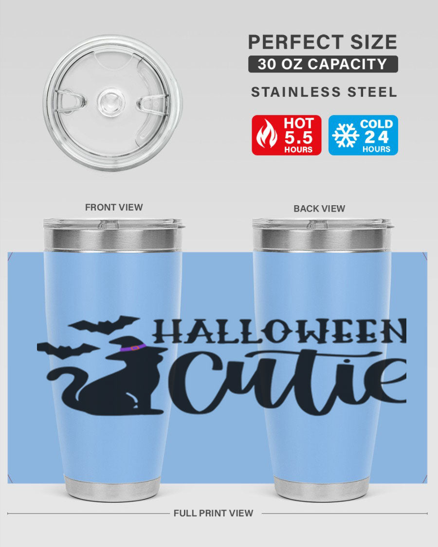 Halloween Cutie 75# Tumbler featuring a festive design, double wall vacuum stainless steel, and a drink-thru lid.