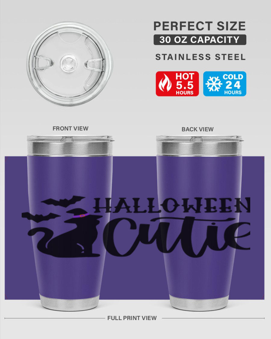 Halloween Cutie 75# Tumbler featuring a festive design, double wall vacuum stainless steel, and a drink-thru lid.