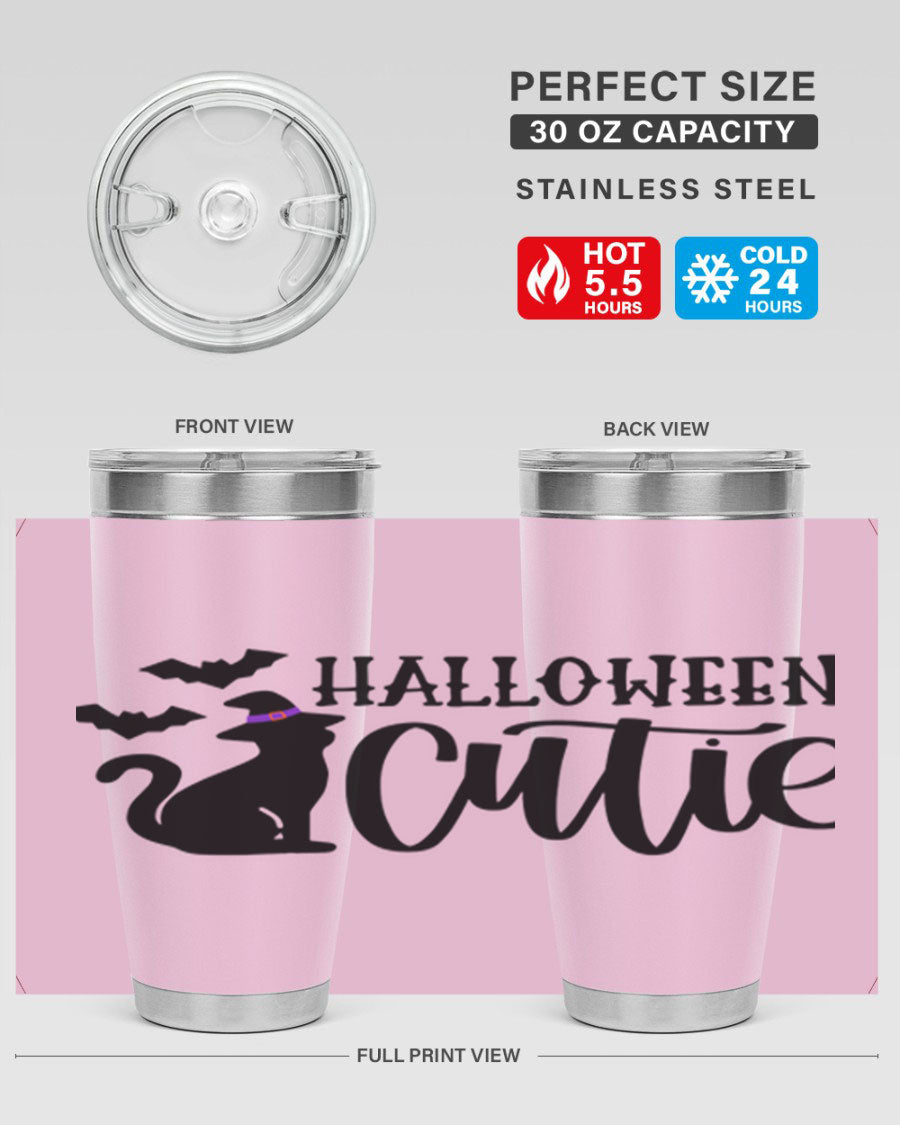 Halloween Cutie 75# Tumbler featuring a festive design, double wall vacuum stainless steel, and a drink-thru lid.