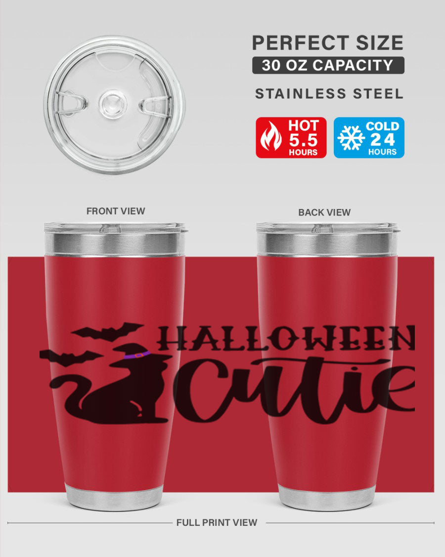 Halloween Cutie 75# Tumbler featuring a festive design, double wall vacuum stainless steel, and a drink-thru lid.