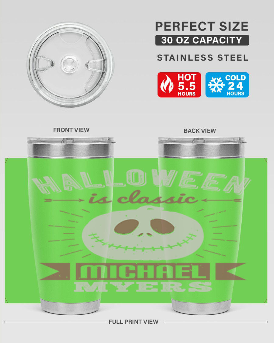 Halloween Classic Michael Myers 20oz Tumbler featuring a stainless steel design with a striking print of Michael Myers.