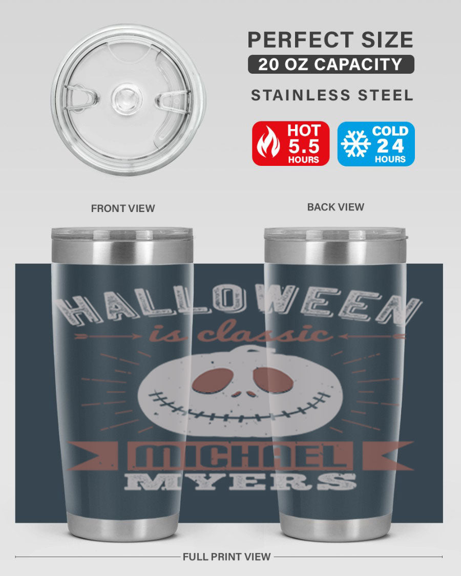 Halloween Classic Michael Myers 20oz Tumbler featuring a stainless steel design with a striking print of Michael Myers.