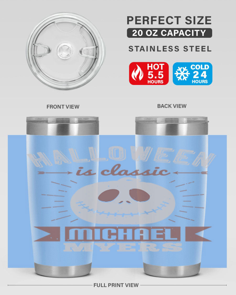 Halloween Classic Michael Myers 20oz Tumbler featuring a stainless steel design with a striking print of Michael Myers.