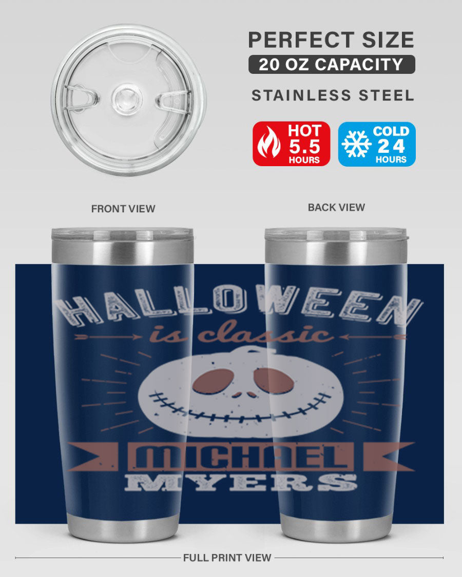 Halloween Classic Michael Myers 20oz Tumbler featuring a stainless steel design with a striking print of Michael Myers.
