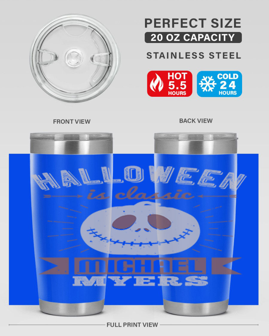 Halloween Classic Michael Myers 20oz Tumbler featuring a stainless steel design with a striking print of Michael Myers.