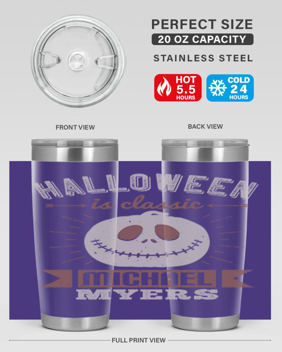 Halloween Classic Michael Myers 20oz Tumbler featuring a stainless steel design with a striking print of Michael Myers.