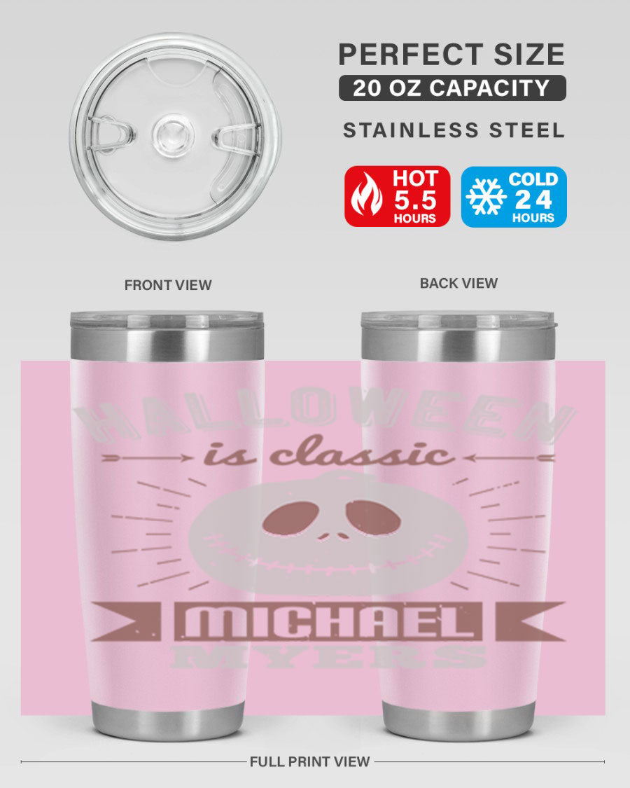 Halloween Classic Michael Myers 20oz Tumbler featuring a stainless steel design with a striking print of Michael Myers.