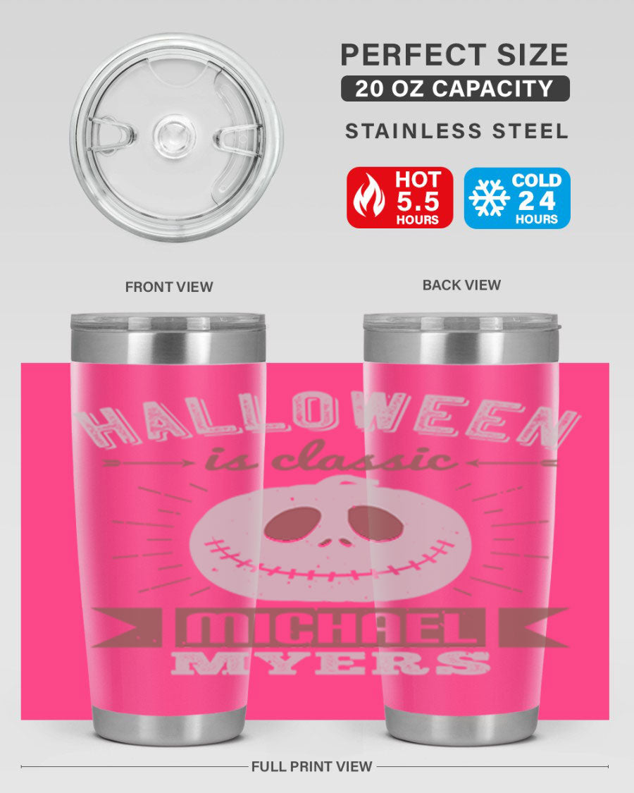 Halloween Classic Michael Myers 20oz Tumbler featuring a stainless steel design with a striking print of Michael Myers.