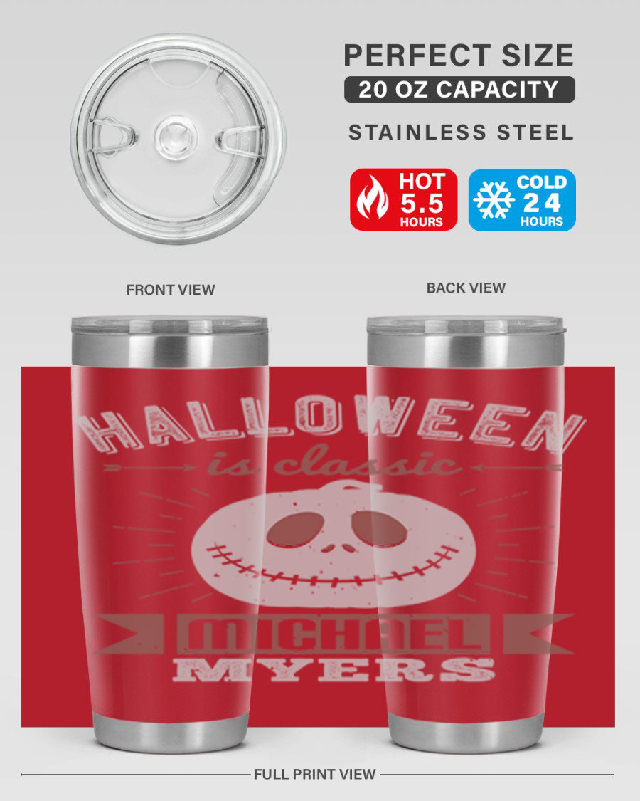 Halloween Classic Michael Myers 20oz Tumbler featuring a stainless steel design with a striking print of Michael Myers.
