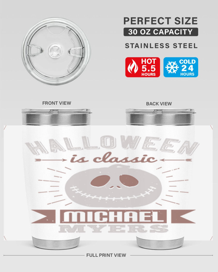 Halloween Classic Michael Myers 20oz Tumbler featuring a stainless steel design with a striking print of Michael Myers.