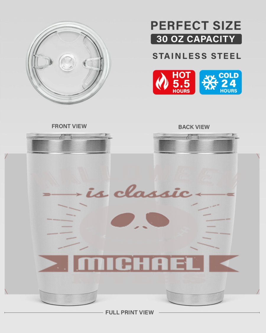 Halloween Classic Michael Myers 20oz Tumbler featuring a stainless steel design with a striking print of Michael Myers.