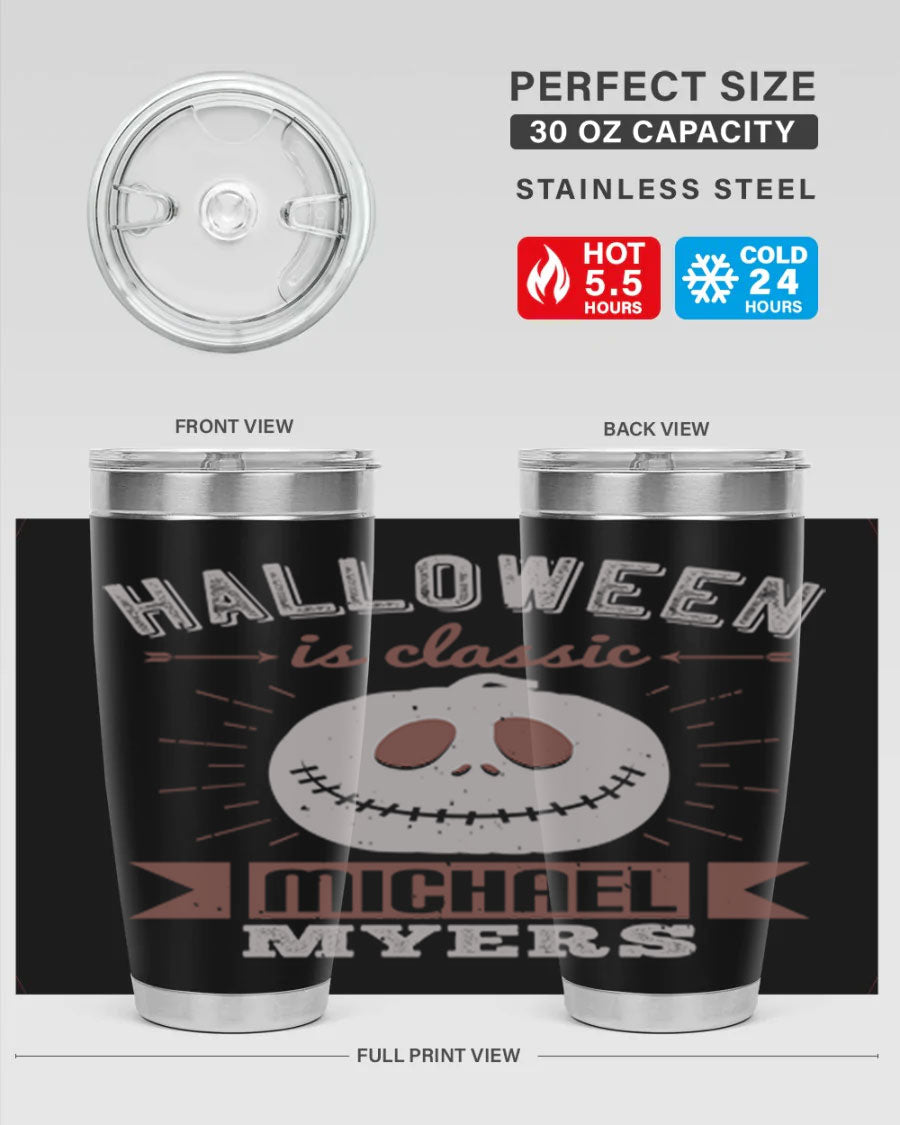 Halloween Classic Michael Myers 20oz Tumbler featuring a stainless steel design with a striking print of Michael Myers.