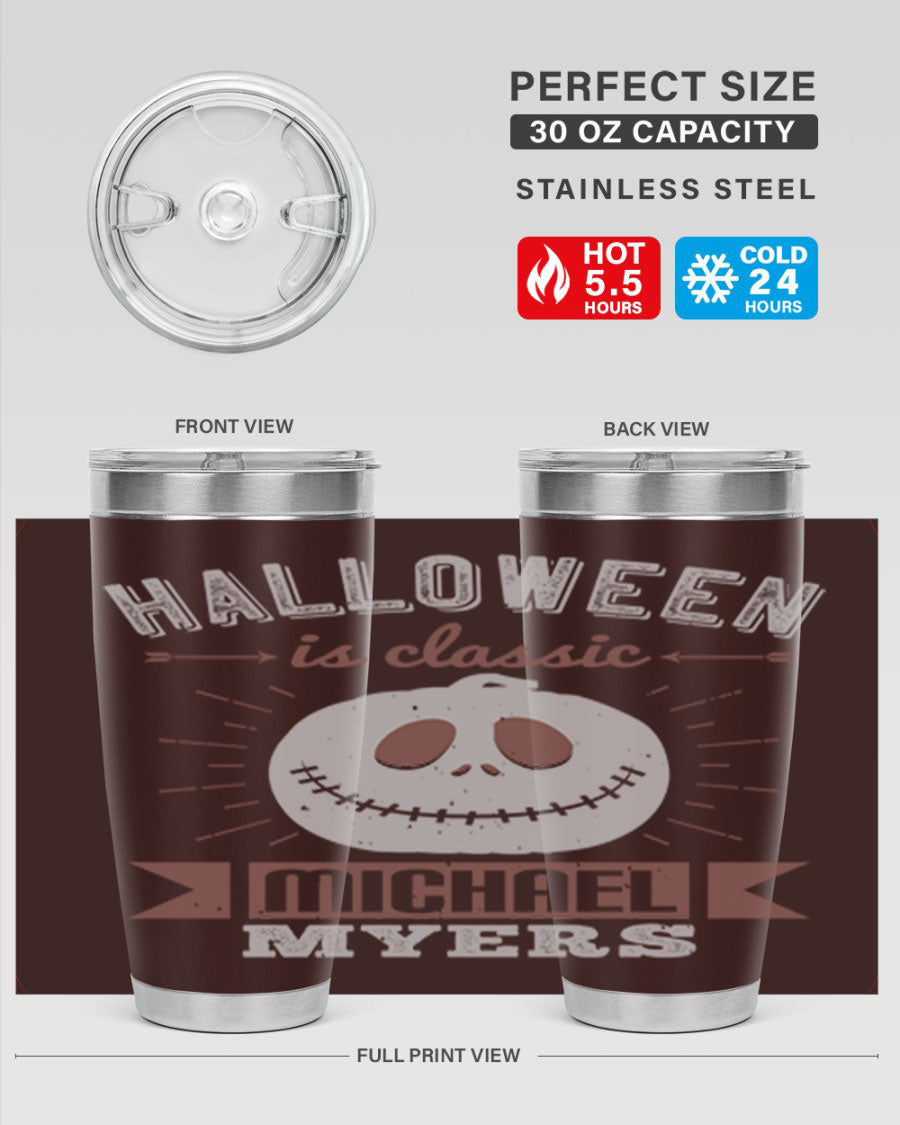 Halloween Classic Michael Myers 20oz Tumbler featuring a stainless steel design with a striking print of Michael Myers.