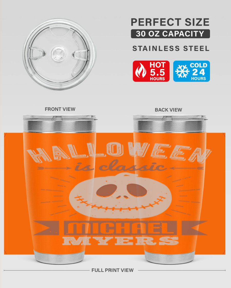 Halloween Classic Michael Myers 20oz Tumbler featuring a stainless steel design with a striking print of Michael Myers.