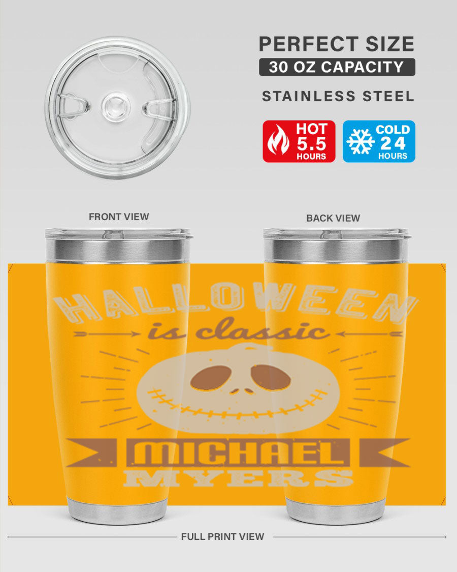 Halloween Classic Michael Myers 20oz Tumbler featuring a stainless steel design with a striking print of Michael Myers.