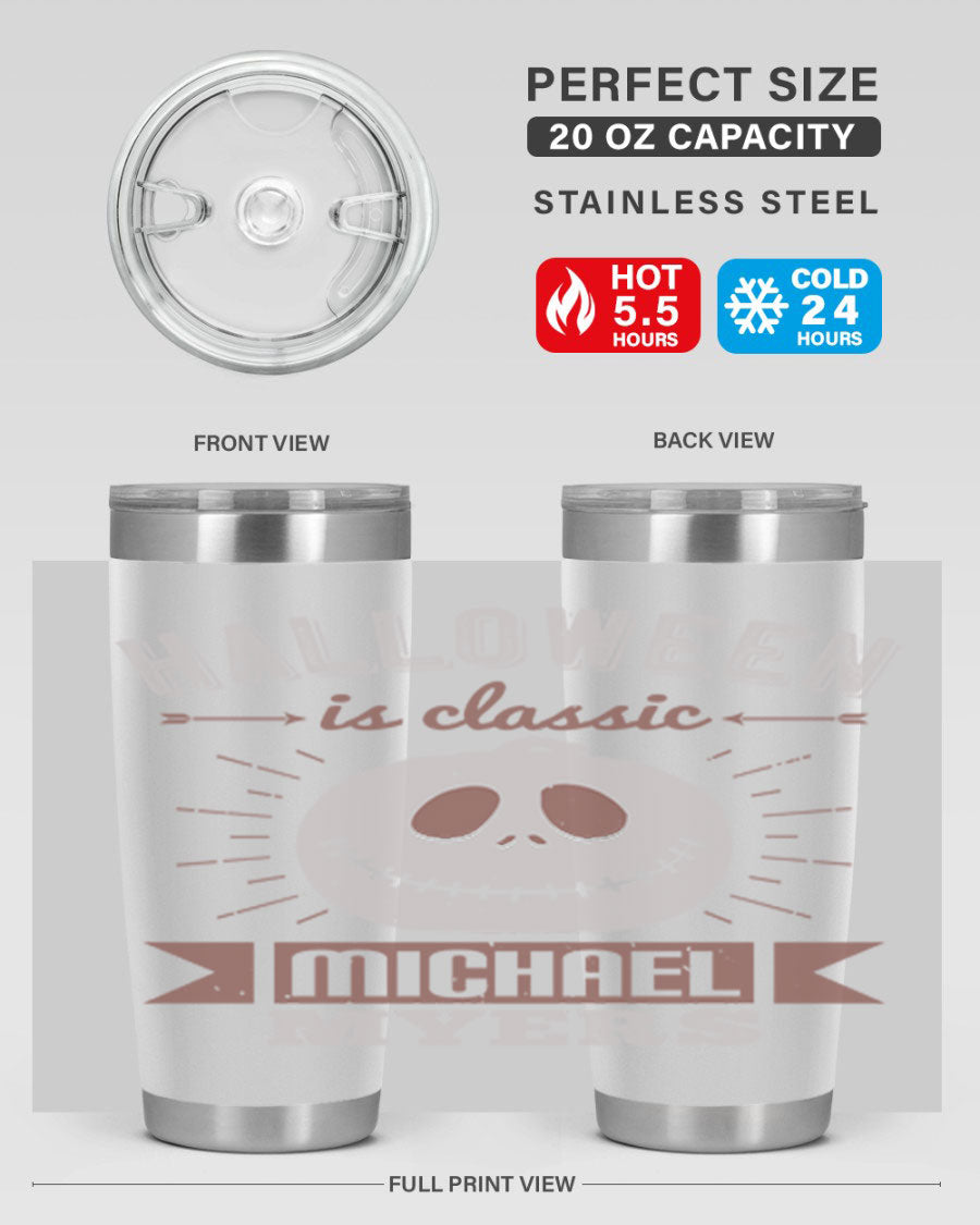 Halloween Classic Michael Myers 20oz Tumbler featuring a stainless steel design with a striking print of Michael Myers.