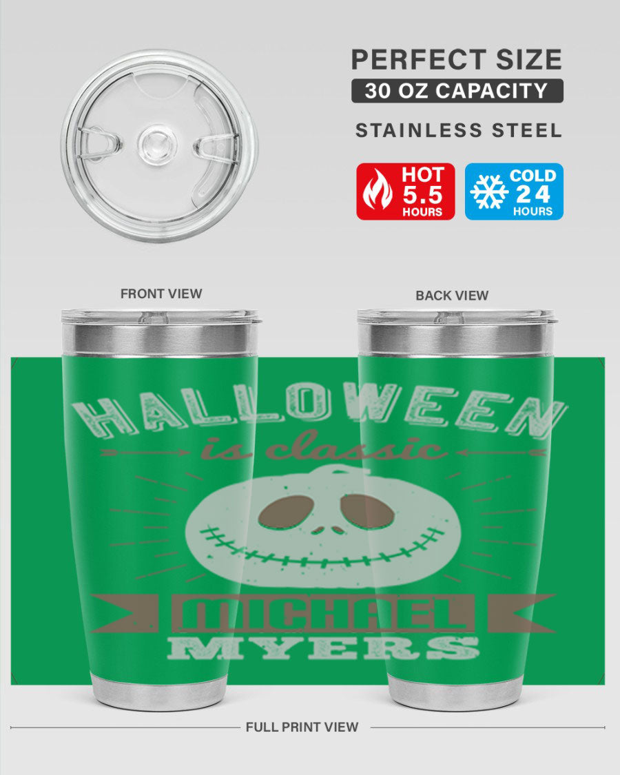 Halloween Classic Michael Myers 20oz Tumbler featuring a stainless steel design with a striking print of Michael Myers.
