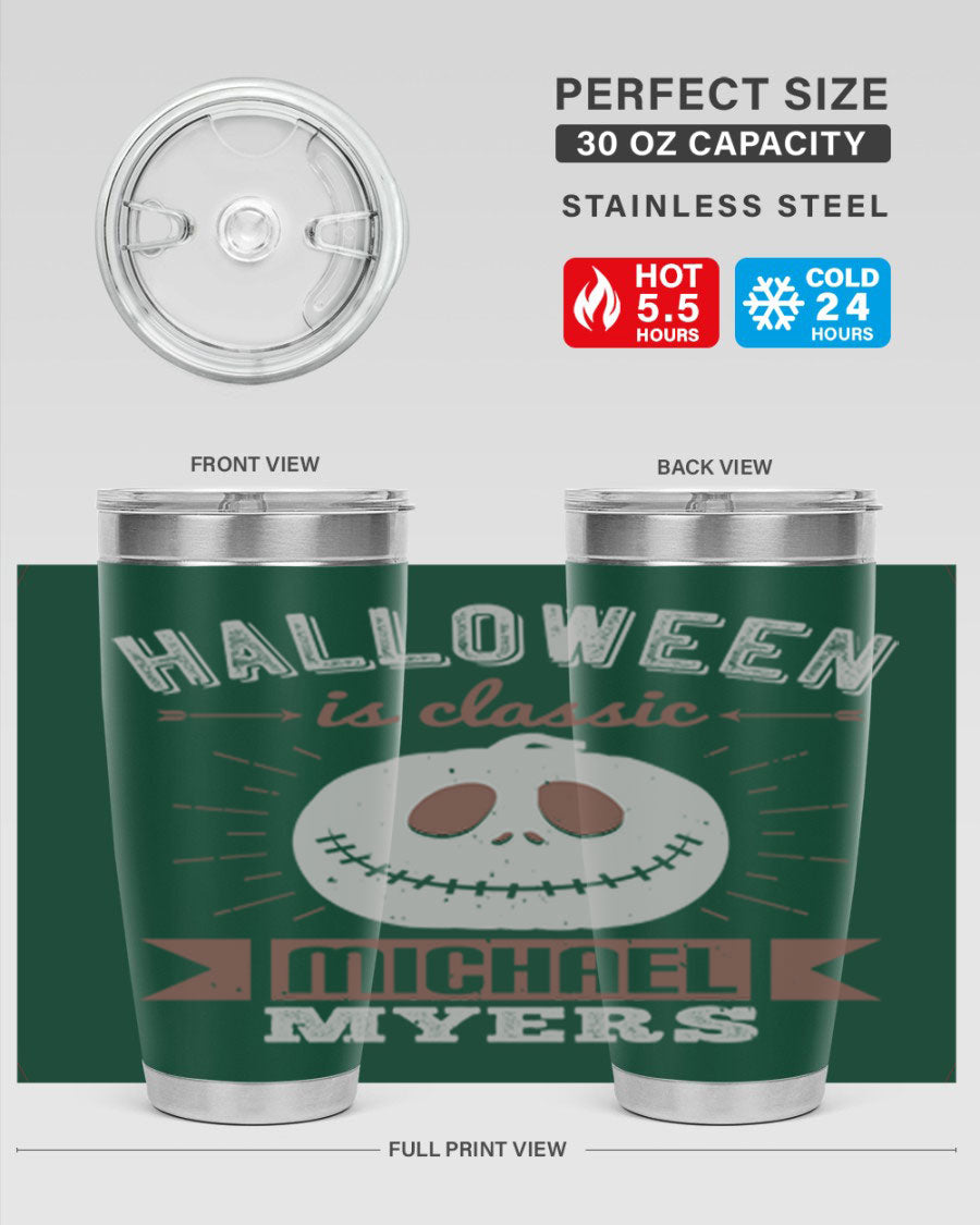 Halloween Classic Michael Myers 20oz Tumbler featuring a stainless steel design with a striking print of Michael Myers.
