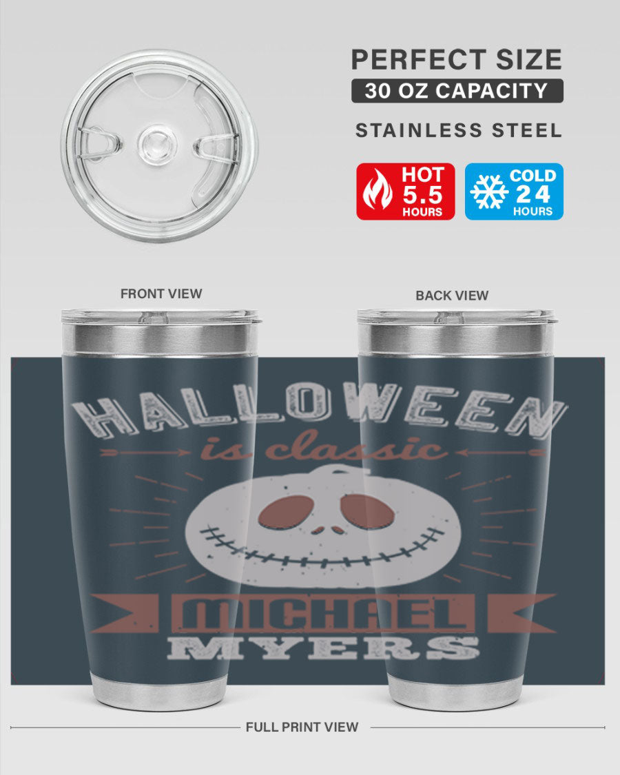Halloween Classic Michael Myers 20oz Tumbler featuring a stainless steel design with a striking print of Michael Myers.