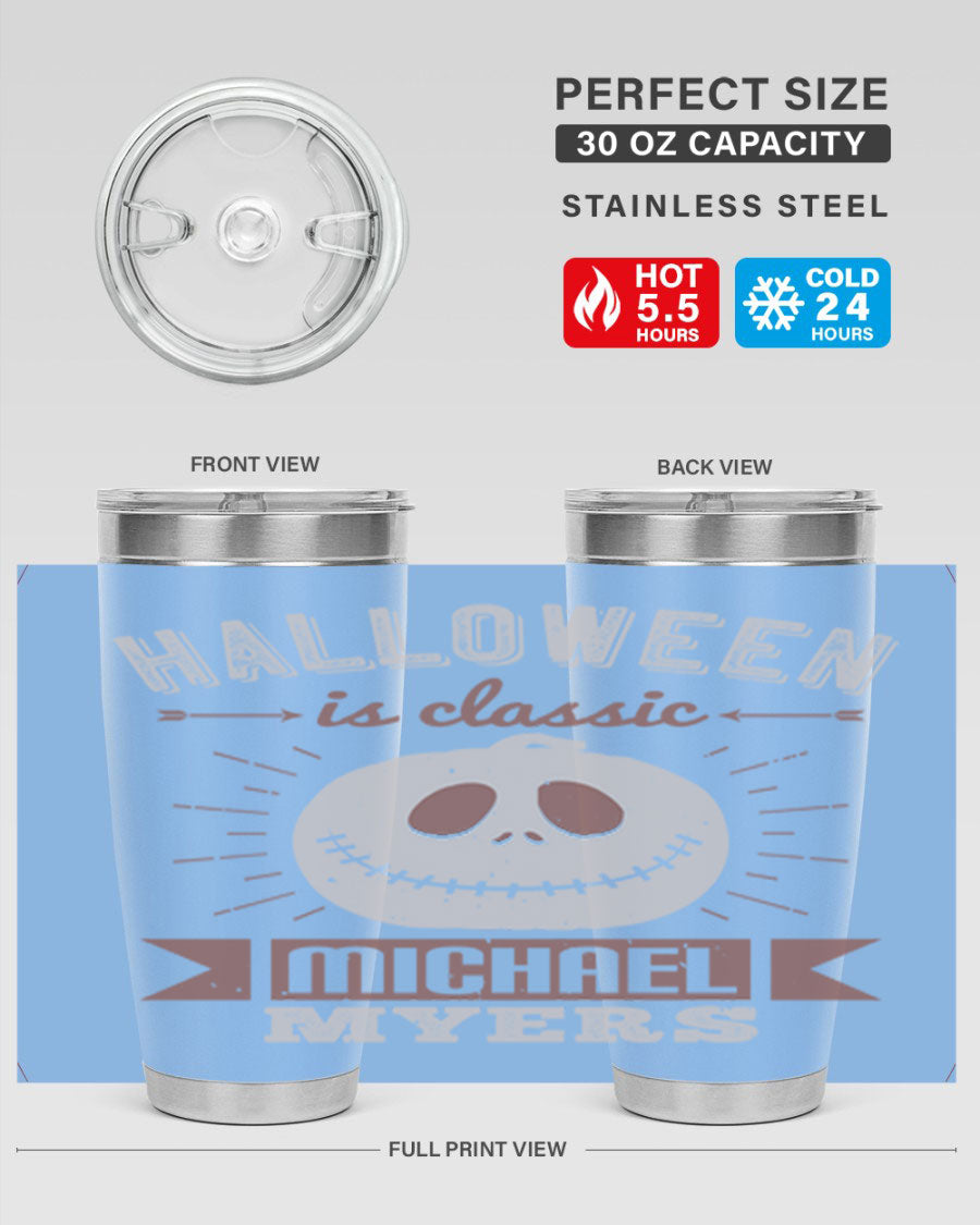 Halloween Classic Michael Myers 20oz Tumbler featuring a stainless steel design with a striking print of Michael Myers.